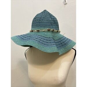 Scala Collezione Blue Teal Striped Paper Braid‎ Sun Hat Wood Bead Raffia Trim